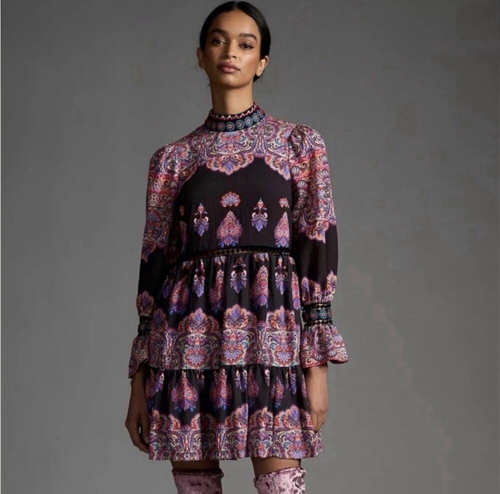 Anthropologie Prototype Tiered Boho Paisley Beaded Mini Dress Keyhole Back 8P